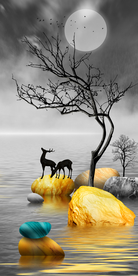 石来运转山水麋鹿发财树玄关