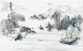 新中式水墨古代山水国画背景墙