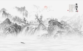 新中式水墨古代山水国画背景墙
