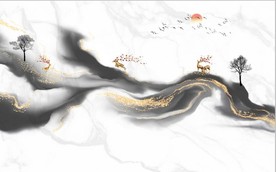 新中式抽象金色麋鹿山水背景墙