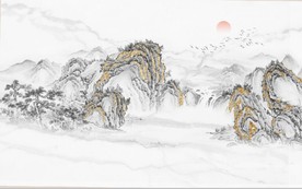 新中式大理石金色水墨山水背景墙