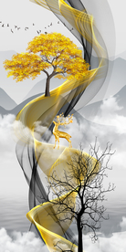 山水玄关线条发财树晶瓷画