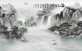 新中式海纳百川电视背景墙图片
