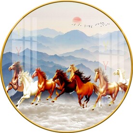 新中式意境山水八骏图圆形图片