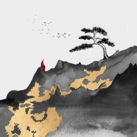 新中式金色水墨禅僧风景装饰画