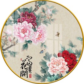 新中式花开富贵牡丹花圆形装饰画