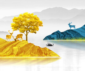 轻奢发财树山水画电表箱装饰画