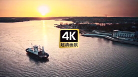 航拍傍晚游艇海面码头城市建筑群