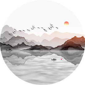 新中式圆形水墨山水装饰画