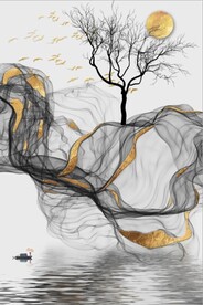 新中式抽象金色麋鹿山水装饰画