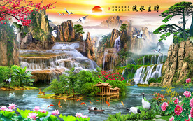 流水生财旭日东升风景背景墙
