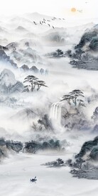 新中式山水大理石复式楼玄关壁画