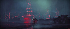 黑夜炫酷摩托未来海岸轮船高楼