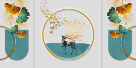 晶瓷画杏叶三联画麋鹿