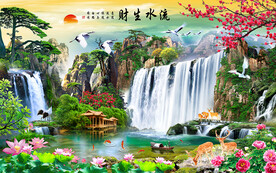 流水生财高山流水瀑布风景背景墙