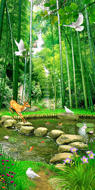 小溪竹林麋鹿风景玄关
