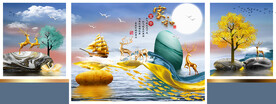 装饰画新中式山水画月亮麋鹿石头