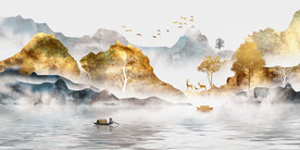 轻奢装饰画 新中式山水画 麋鹿