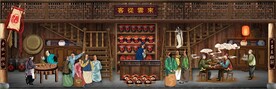 古代市井集市饭馆背景墙壁画