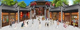 古代市井集市饭馆背景墙壁画