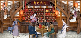 古代市井集市饭馆背景墙壁画