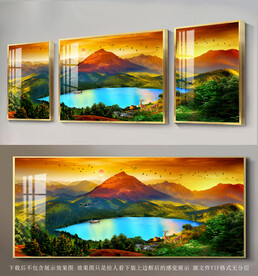 三联水彩山水画