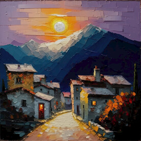 油画 日落山村