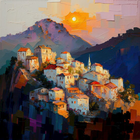 油画 日落山村
