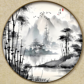 圆形水墨竹画
