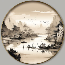 圆形水墨山水画