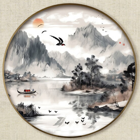 圆形水墨山水画
