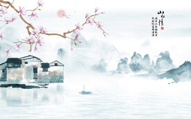 新中式山水工笔花鸟画背景墙