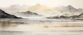 金山背靠大山风景山水画