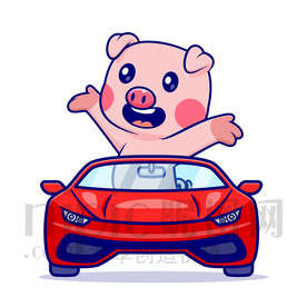 可爱卡通坐小汽车的小猪