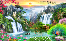 流水生财瀑布风景背景墙