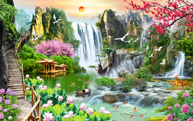 流水生财独木桥风景背景墙