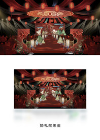 传统红色中式婚礼手绘效果图