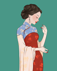 手绘旗袍美女插画