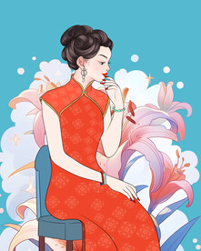 手绘花与红色旗袍美女插画