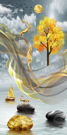 轻奢现代水墨线条山水玄关