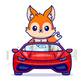 可爱卡通坐汽车的狐狸
