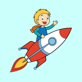 矢量人物坐在火箭上的男孩