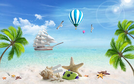 蓝天白云大海沙滩背景墙