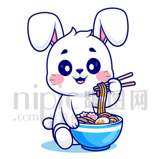 可爱卡通吃面条的小白兔