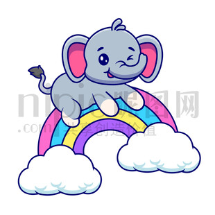 可爱卡通趴在彩虹上的大象