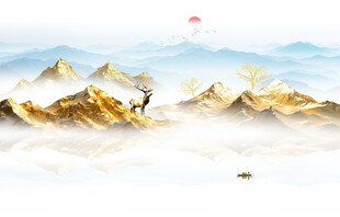 金箔麋鹿山水画背景墙