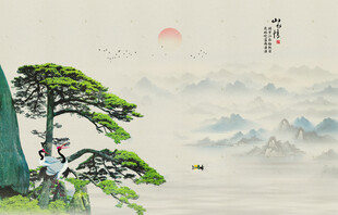 迎客松山水画背景墙