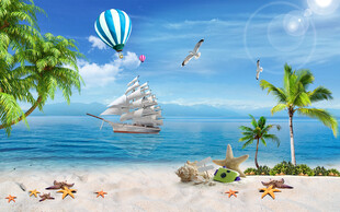 蓝天白云大海沙滩背景墙