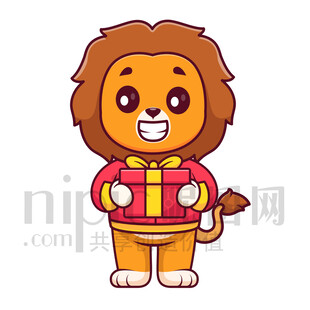 可爱卡通抱着礼物礼品的狮子