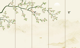 新中式隔断屏风工笔花鸟画背景墙